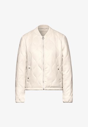 Veste bomber matelassée crème avec col côtelé, fermeture éclair à l'avant et poches latérales à bouton-pression. Texture lisse et tissu à motif en vagues.