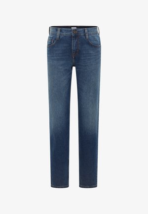 Granatowe dżinsy o prostym kroju, pięć kieszeni, szlufki na pasek oraz kontrastowe przeszycia. Klasyczne wykończenie z delikatnym efektem sprania.