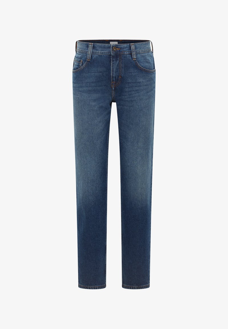 Granatowe dżinsy o prostym kroju, pięć kieszeni, szlufki na pasek oraz kontrastowe przeszycia. Klasyczne wykończenie z delikatnym efektem sprania.