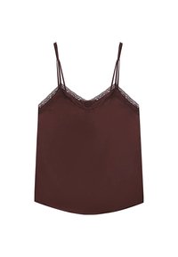 Top in satin marrone con spalline regolabili e rifinitura in pizzo lungo il colletto e l'orlo. Texture morbida, silhouette a taglio dritto.