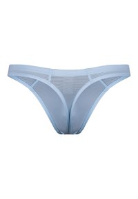 Himmelblauer durchsichtiger Tanga aus Mesh-Material, mit ribbeliger Textur, dünnen Seitenbändern und minimalistischer Schnittführung.