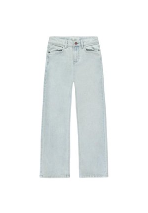 Lichtblauwe jeans met rechte pijpen, voorzien van een knoop- en ritssluiting, voor- en achterzakken, en riemlussen.