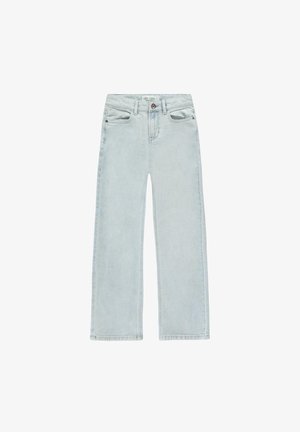 Lichtblauwe jeans met rechte pijpen, voorzien van een knoop- en ritssluiting, voor- en achterzakken, en riemlussen.
