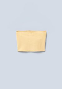 Yellow seamless fabric tube with a textured surface and subtle stitching lines, featuring a small logo near the top edge.