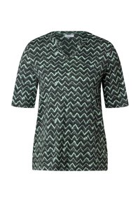Svart kortärmad topp med V-ringning, med ett zick-zackmönster i grön och vit. Lättviktsmaterial med en texturerad yta.