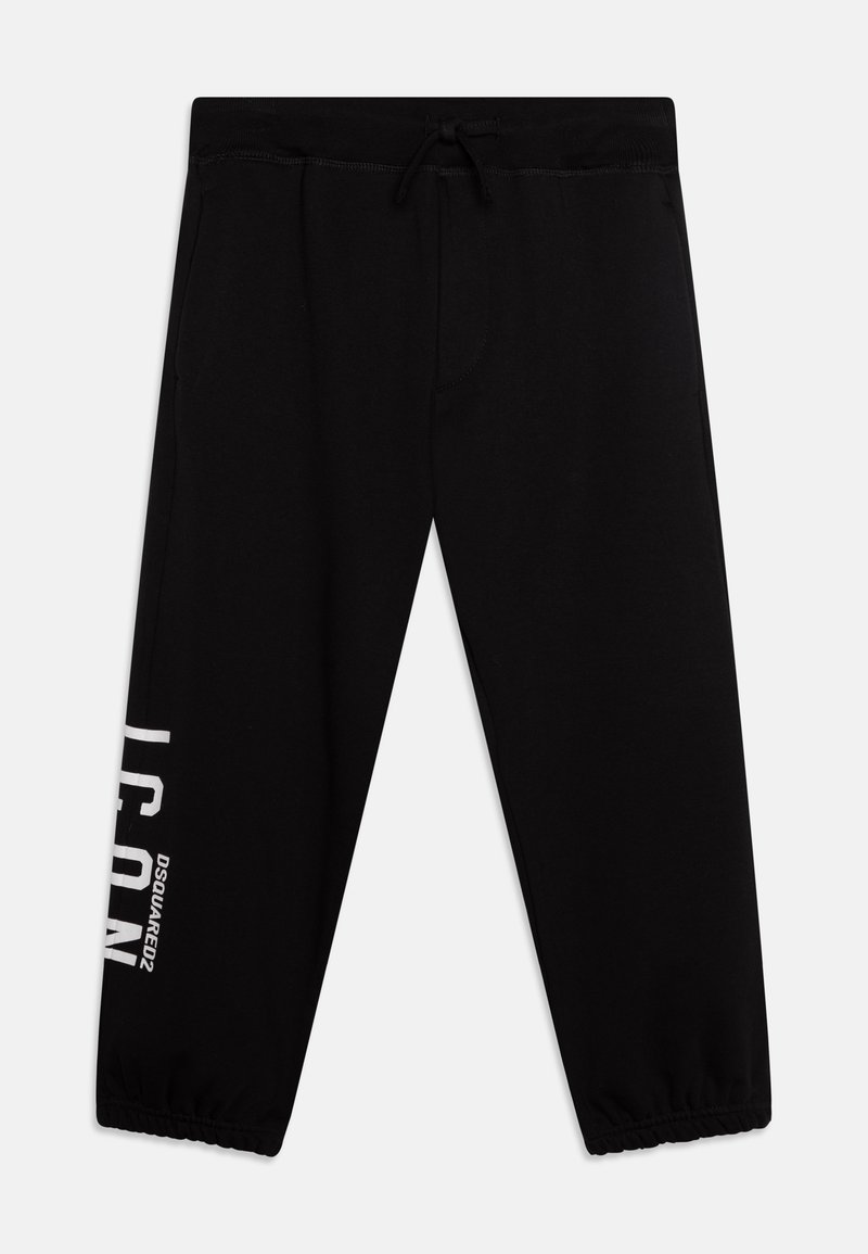 Zwarte sweatpants van een katoenmix. Heeft een elastische tailleband met een koord en boorden, en witte "ICON" tekst op het linkerpijp.