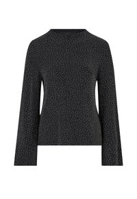 Zwarte gebreide trui met lange mouwen, gestructureerde stof en een ronde hals. Heeft een subtiel patroon van kleine, lichtgekleurde stippen over het geheel.