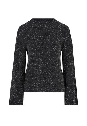 Sort strikket sweater med lange ærmer, tekstureret stof og rund hals. Har et subtilt mønster af små, lyse prikker over det hele.