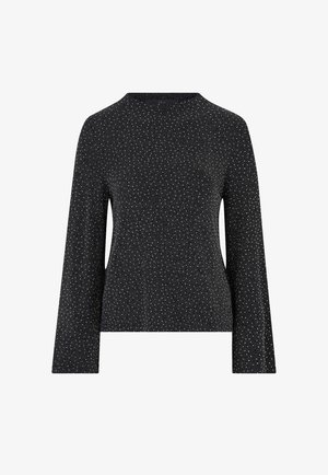 Sort strikket sweater med lange ærmer, tekstureret stof og rund hals. Har et subtilt mønster af små, lyse prikker over det hele.