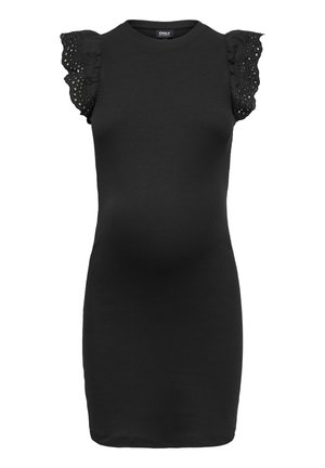 Čierne priliehavé šaty bez rukávov s volánmi z čipky so šnurovaním na pleciach a okrúhlym výstrihom.
