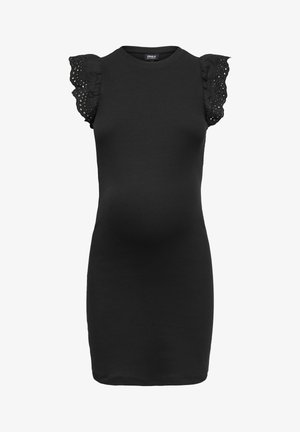 Mustast nahastatud varrukateta kleit õlgadel silmusega pitsi volangi detailidega ja ümmarguse kaelusega.