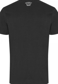 Sort bomulds t-shirt med rund hals, korte ærmer og et lille hvidt trykt logo på den øverste del af ryggen. Glat tekstur.