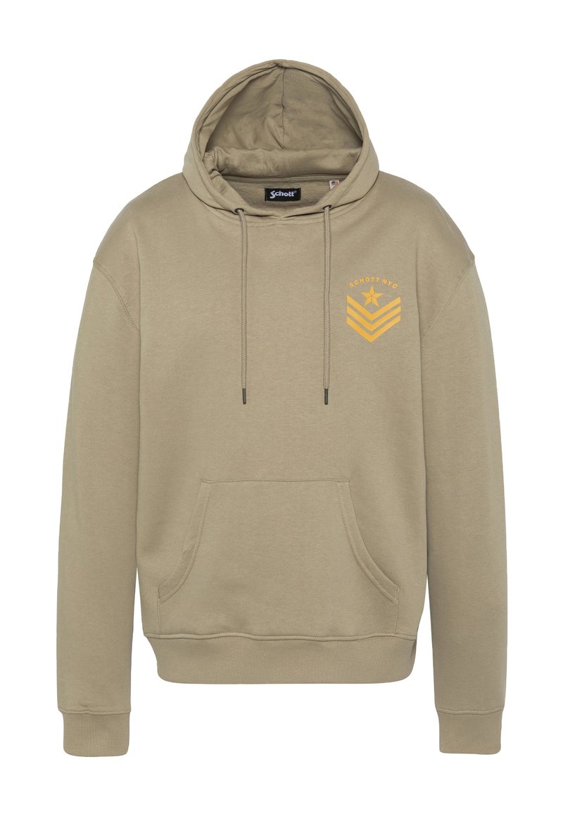 Bluza z kapturem z jasnobrązowego materiału. Posiada kieszeń kangurka z przodu, ściągacze na rękawach oraz haftowane żółte logo z gwiazd�ą i szewronami.