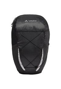 Zaino Vaude nero con una forma elegante ed ergonomica, dotato di una superficie testurizzata, accenti riflettenti e un design a corda bungee sul fronte.