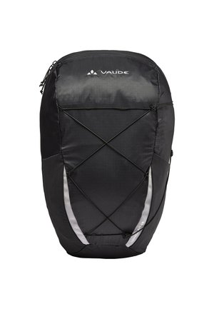 Sac à dos Vaude noir au design ergonomique et élégant, avec un extérieur texturé, des accents réfléchissants et un design de cordon élastique à l'avant.