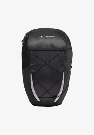 Sac à dos Vaude noir au design ergonomique et élégant, avec un extérieur texturé, des accents réfléchissants et un design de cordon élastique à l'avant.