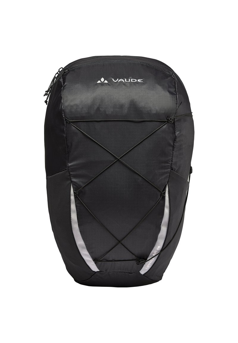 Zaino Vaude nero con una forma elegante ed ergonomica, dotato di una superficie testurizzata, accenti riflettenti e un design a corda bungee sul fronte.