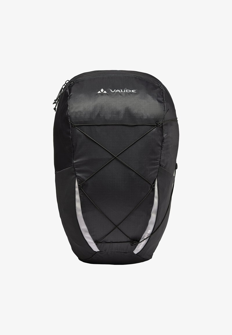 Zaino Vaude nero con una forma elegante ed ergonomica, dotato di una superficie testurizzata, accenti riflettenti e un design a corda bungee sul fronte.