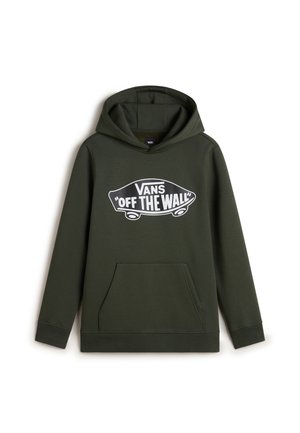 Donkergroene hoodie met een voorste kangaroozak, voorzien van een witte "VANS OFF THE WALL" logo op de borst. Zacht materiaal, relaxte pasvorm.