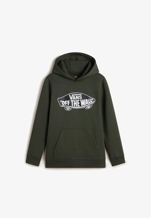Sudadera verde oscura con un bolsillo canguro en la parte delantera, con un logo blanco "VANS OFF THE WALL" en el pecho. Tejido suave, corte relajado.