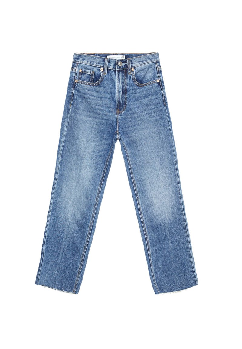 Jeans azzurri a vita alta con design a gamba dritta, texture sbiadita, tasche frontali e orlo sfilacciato. Chiusura con bottone in acciaio inossidabile.