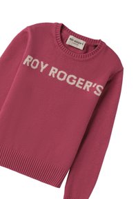 Różowy sweter z dzianiny z okrągłym dekoltem i ściągaczem. "ROY ROGER'S" jest wyraźnie wyświetlone na białym tle z przodu.