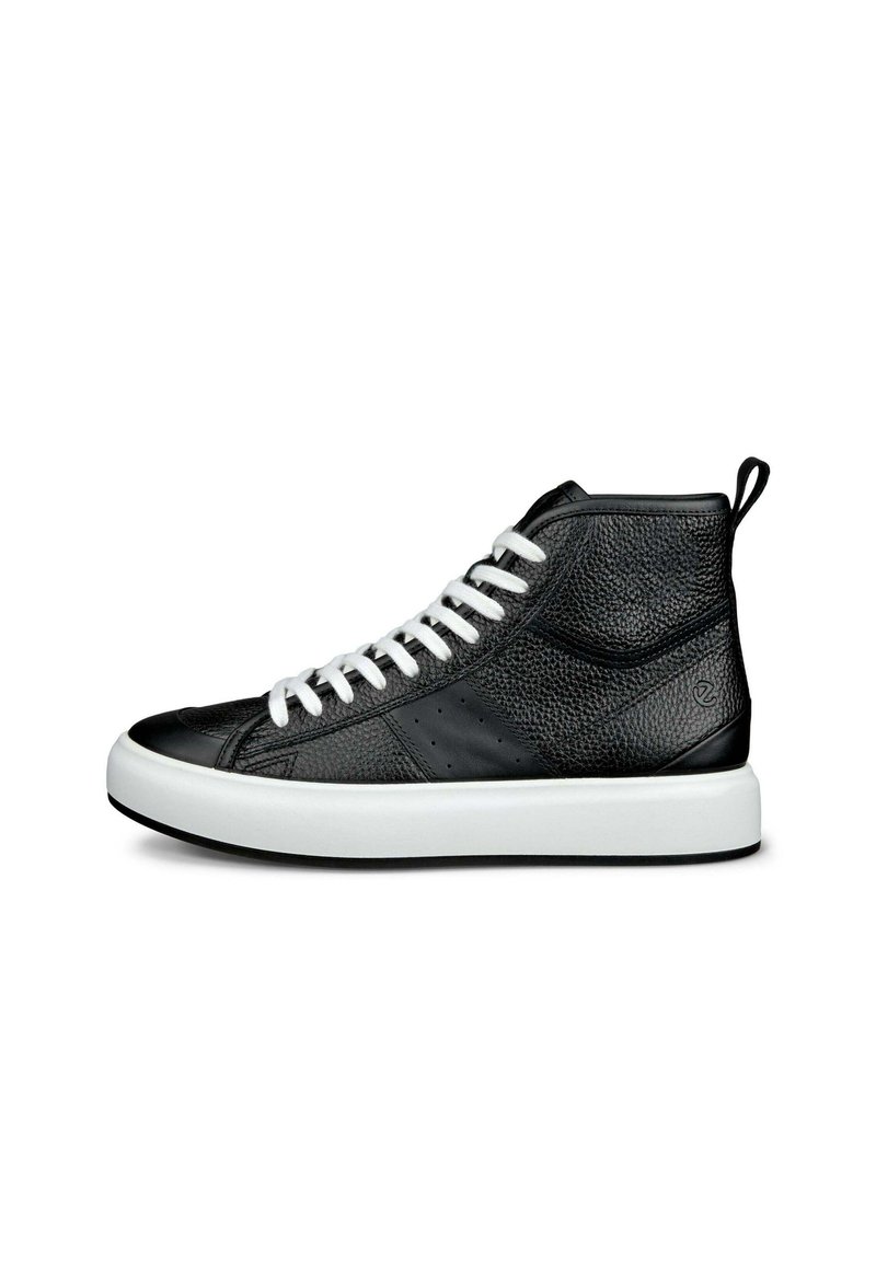 Baskets montantes noires en cuir texturé avec des lacets blancs et une semelle en caoutchouc. Dispose d'un capuchon lisse à l'avant et d'un petit logo sur le côté.