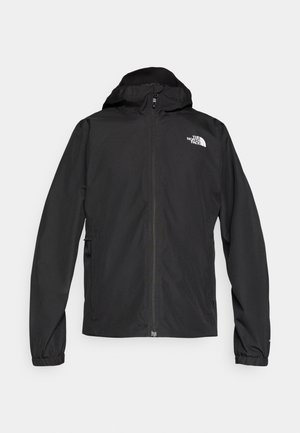 Schwarze wasserdichte Jacke mit Kapuze, durchgehendem Frontreißverschluss und elastischen Bündchen. Mit einem kleinen weißen Logo auf der oberen linken Seite.