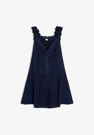 Laivastonsininen hihaton mekko, jossa röyhelöiset olkaimet, napitus edessä, pitsireunus pääntiellä ja liehuva helma.