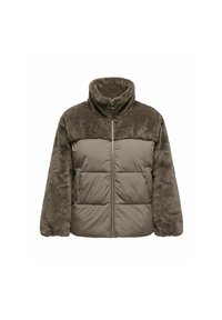 Pufferjakke i olivengrønn med en myk, lodden tekstur på overdelen og glatt stoff på nedre del; har glidelås og høy krage.