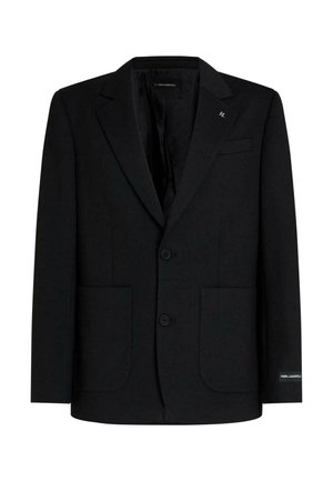 Zwarte gestructureerde blazer met inkepingrevers, twee opgestikte voorzakken, twee knopen en subtiele branding op mouw en borst.