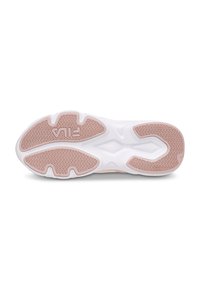 Gummisohle des Sneakers in Weiß und sanftem Rosa. Ausführliches Traktionsmuster und geprägtes Logo sichtbar. Abgerundete Form mit definiertem Fußgewölbe.