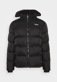 Schwarze Daunenjacke mit durchgehendem Reißverschluss, abnehmbarem Kapuzenkragen und elastischen Bündchen. Das gesteppte Design hat eine glatte, wasserabweisende Oberfläche.