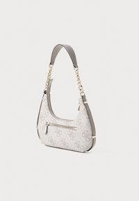 Canvas shoulder bag in light gray with a logo pattern, featuring a smooth strap, chain accents, and a zippered front pocket.
