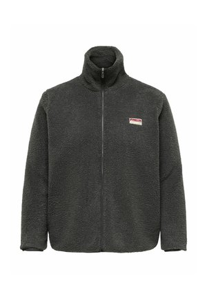 Kurtka z polaru w ciemnozielonym kolorze z wysokim kołnierzem i pełnym zamkiem z przodu. Na piersi małą naszywkę z logo marki. Miękki, teksturowany materiał.