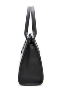 Borsa a mano in pelle nera con un design strutturato, superficie testurizzata, due manici robusti e chiusura con zip nella parte superiore.
