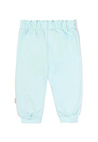Pantaloni jogger blu chiaro con vita elastica, caviglie a polsino e strisce laterali rosa in contrasto. Tessuto morbido con superficie liscia.