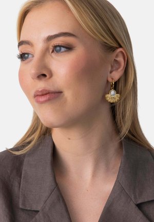 Frau mit glatten blonden Haaren, die einen grauen Blazer und goldene fächerförmige Ohrringe mit einem weißen, marmorähnlichen Zentrum trägt, schaut leicht nach links.