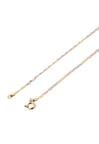 Guld, sølv og rosaguld metal kæde med ovale led og en krabbe-lås. Glat tekstur, poleret overflade og sammenflettet design.