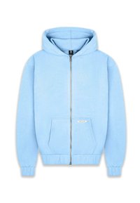 Light blue zip-up hoodie made of soft fabric, featuring a hood, front pockets, and ribbed cuffs and hem. Label on the side pocket.