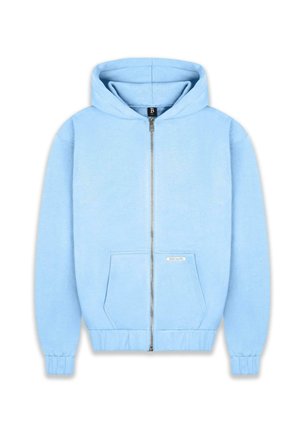 Light blue zip-up hoodie made of soft fabric, featuring a hood, front pockets, and ribbed cuffs and hem. Label on the side pocket.