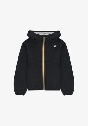 Giacca nera con cappuccio e zip frontale con strisce gialle, bianche e blu, polsini elasticizzati e piccolo logo bianco sul petto.