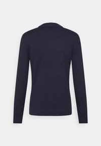 Mörkblå långärmad tröja, texturerad stickning, rund halsringning, ribbad nederkant och ärmar, slät yta, enkelt design utan ytterligare detaljer.