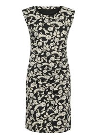 Robe noire à motifs floraux crème et bleus. Design sans manches avec texture froncée à la taille pour une silhouette ajustée.