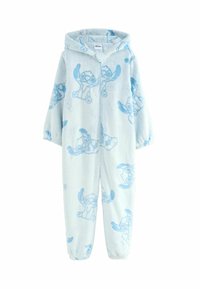 Hellblaues Fleece-Overall mit einem Reißverschluss und einer angenähten Kapuze, versehen mit einem wiederholten Muster von Cartoons in dunklerem Blau.