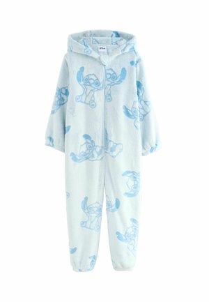 Tuta in pile azzurro chiaro con chiusura a zip e cappuccio attaccato, caratterizzata da un motivo ripetuto di personaggi dei cartoni animati in blu scuro.