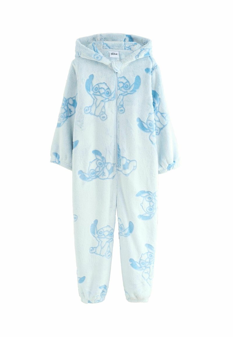 Hellblaues Fleece-Overall mit einem Reißverschluss und einer angenähten Kapuze, versehen mit einem wiederholten Muster von Cartoons in dunklerem Blau.