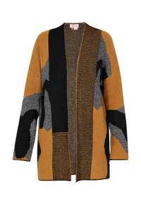 Cardigan lavorato a maglia con un mix di modelli giallo senape, nero e grigio. Design con apertura frontale, maniche lunghe e trame diverse.