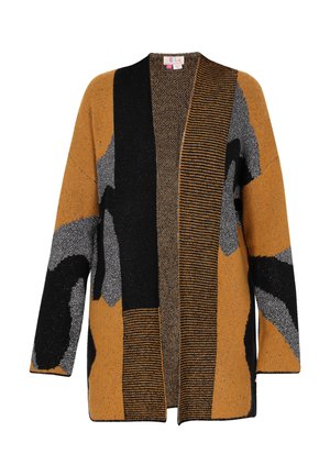 Gebreide cardigan in een mix van mosterdgeel, zwart en grijze patronen. Open voorkant ontwerp met lange mouwen en verschillende texturen.