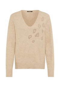 Beige Strickpullover mit V-Ausschnitt. Hat eine strukturierte Oberfläche und ein dekoratives Leopardenmuster aus kleinen Ausschnitten auf der Vorderseite.